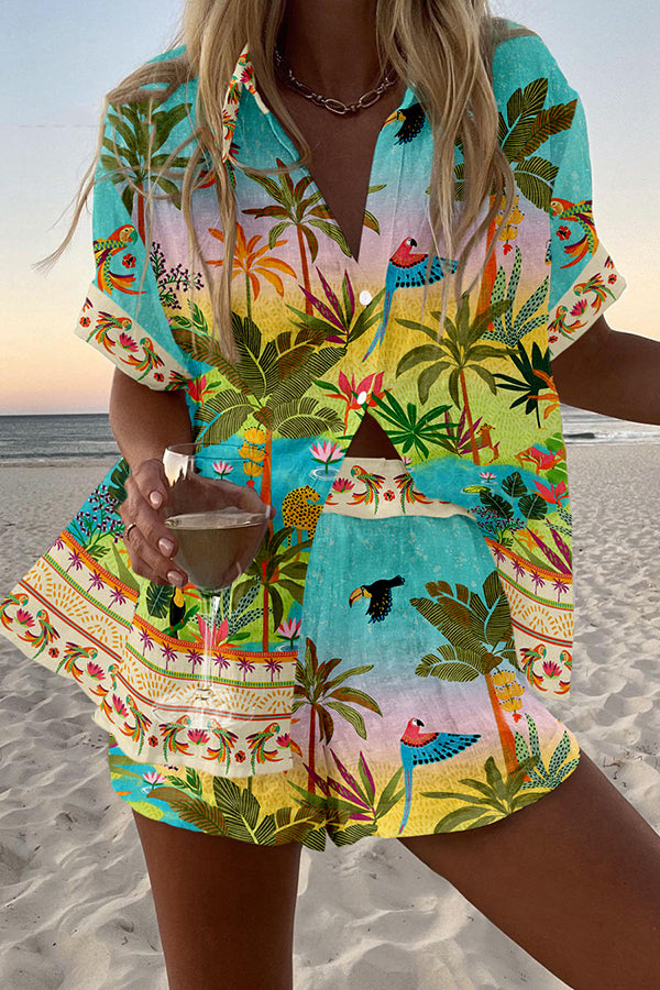 Tropical Rainforest Print Loose Buttoned Elastic Waist Shorts Set