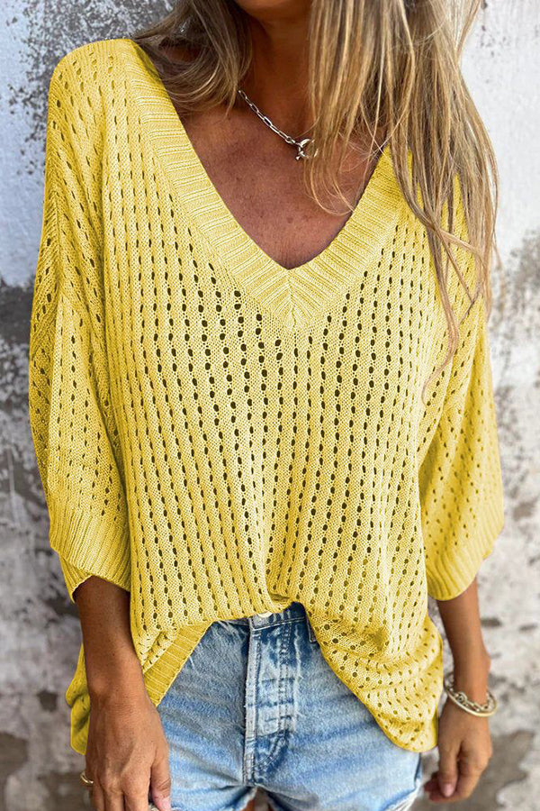 Fashionable Hollow V-neck Long-sleeved Casual Loose Knitted Top