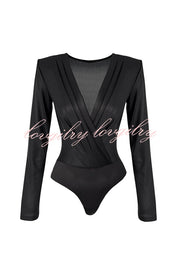 Chic Celebration Glossy Fabric Pleated V-neck Long Sleeve Stretch Bodysuit
