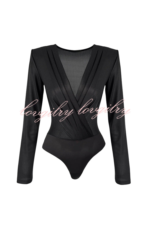 Chic Celebration Glossy Fabric Pleated V-neck Long Sleeve Stretch Bodysuit