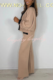 Fashion Contrast Color V-neck Loose Cardigan and Elastic Waist Casual Pants Set