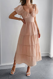Solid Color V-neck Puff Sleeve Casual Holiday Style Midi Dress