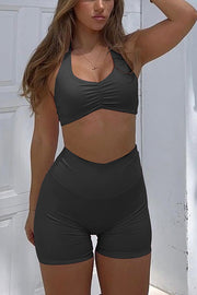 Fashionable Sports Yoga Style Halterneck Top and Stretch Slim Shorts Set