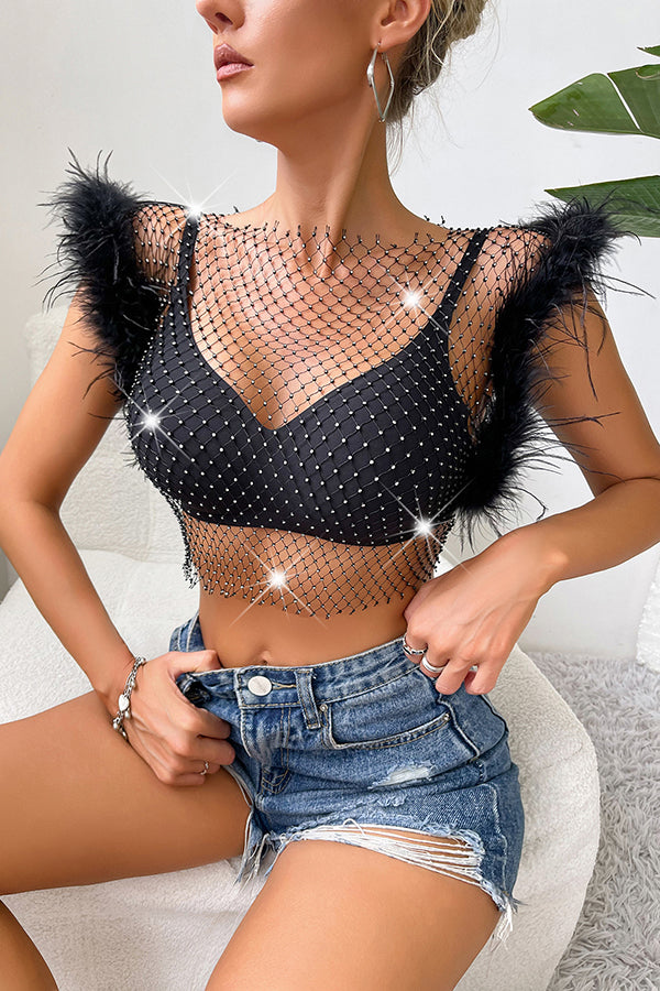 Sexy Ostrich Feather Rhinestone Fishnet Slim Fit Top