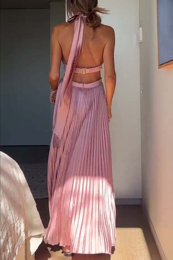 Stunning Choice Satin Pleated Halter High Neck Cutout Waist Backless Maxi Dress