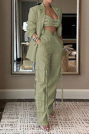 Stylish Lapel Long Sleeve Loose Jacket and Casual Pocket Lace-up Straight Leg Pants Set