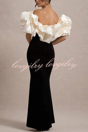 Cecily Velvet Off Shoulder Satin Structured Bardot Neck Stretch Maxi Dress