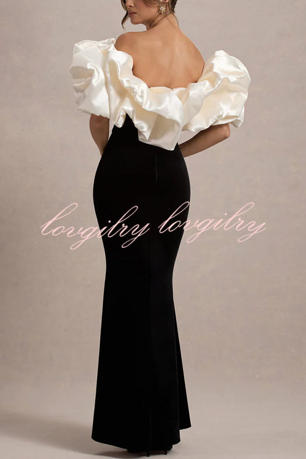 Cecily Velvet Off Shoulder Satin Structured Bardot Neck Stretch Maxi Dress