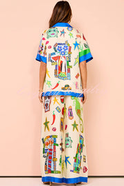 Vibrant Beach Satin Unique Print Colorblock Trim Elastic Waist Pocket Wide Leg Pants