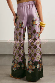 Satin Unique Print Loose Batwing Sleeve Top and Elastic Waist Pocket Casual Wide-leg Pants Set