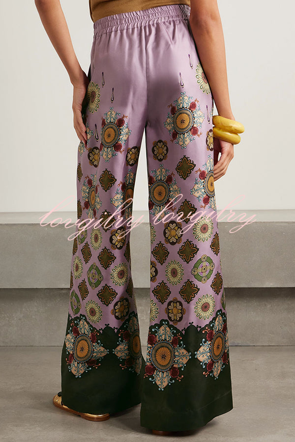 Satin Unique Print Loose Batwing Sleeve Top and Elastic Waist Pocket Casual Wide-leg Pants Set