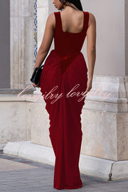 Fashionable Velvet Patchwork Square Neck Sleeveless Draped Maxi Dress