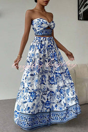 Floral Print Cutout Bandeau Top and Elastic Waist Full Maxi Skirt Set