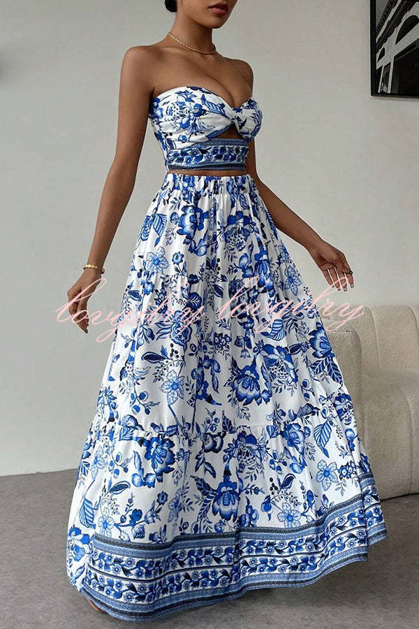 Floral Print Cutout Bandeau Top and Elastic Waist Full Maxi Skirt Set