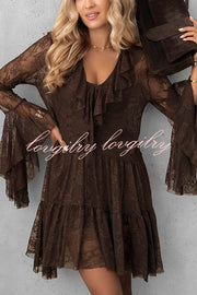 Feeling Lighthearted Lace Ruffle Neck Bell Sleeve Layered Hem A-line Mini Dress