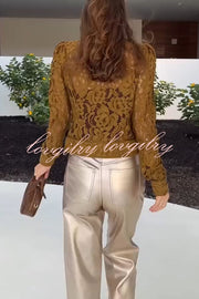 Palace Style Crochet Flower Lace Stand Neck Button Puff Sleeve Jacket