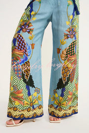 Smyrna Unique Heaven Bird Print Elastic Waist Pocketed Wide Leg Pants