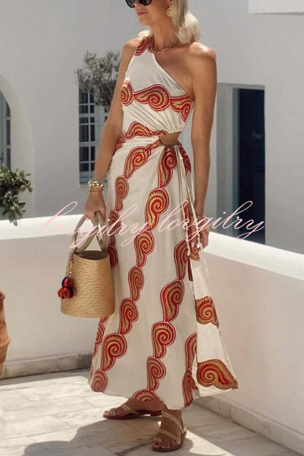 Enjoy A Sunny Linen Blend Shell Print One Shoulder Cutout Waist Tie-up Slit Maxi Dress