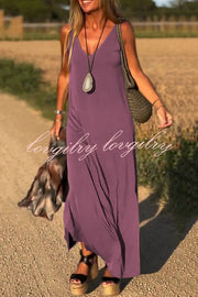 Solid Color V-neck Sleeveless Casual Loose Maxi Dress