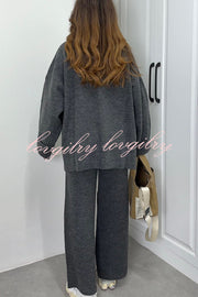 Solid Color Loose Long-sleeved Knit Top and Elastic Waist Casual Straight Leg Pants Set