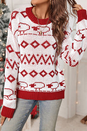 Christmas Geometric Lamb Round Neck Long Sleeve Loose Knitted Sweater