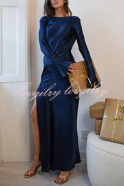 Satin Elegant Long-sleeved Open-back Slim-fit Slit Maxi Dress