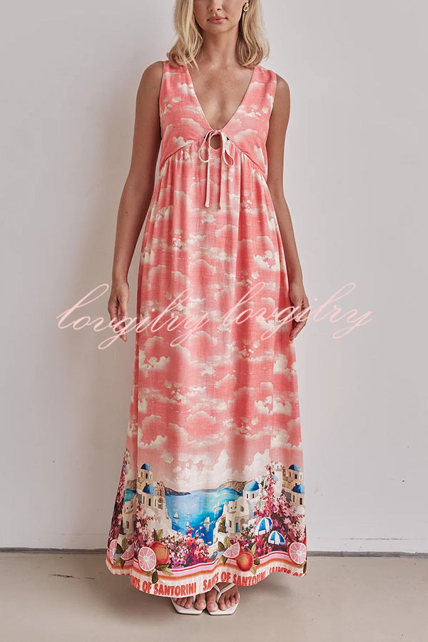 Resort Style Unique Printed Sleeveless V-neck Casual Maxi Dress