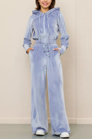 Solid Color Velvet Hooded Zip-up Sweatshirt and Elastic Waist Casual Pocket Straight-leg Pants Set
