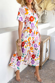 Bohemian Resort Style Print Casual Short Sleeve Button Midi Dress