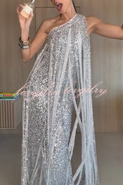 Holiday Muse Sequined Slit Tassels One Shoulder H-line Maxi Dress
