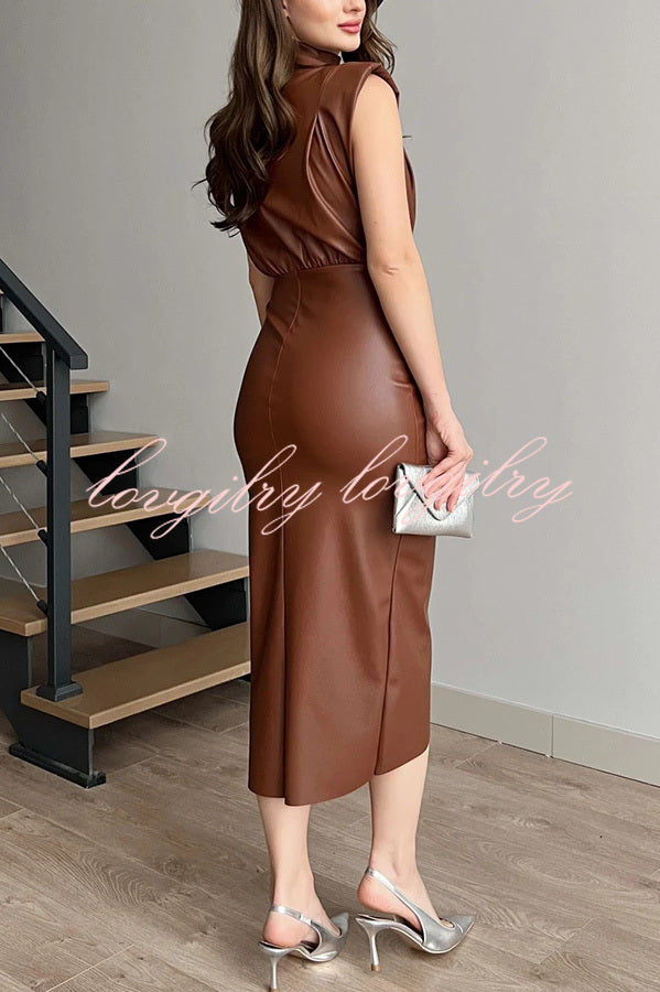 Elouise Faux Leather Turtleneck Shoulder Pads Ruched Slit Midi Dress