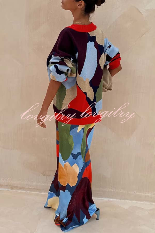 Bright and Bold Knit Abstract Color Blocks Button Long Sleeve Loose Cardigan