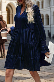 Solid Color Velvet V-Neck Long Sleeve Elegant Loose Mini Dress