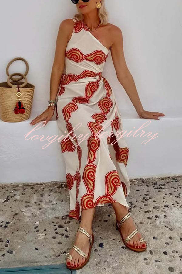 Enjoy A Sunny Linen Blend Shell Print One Shoulder Cutout Waist Tie-up Slit Maxi Dress