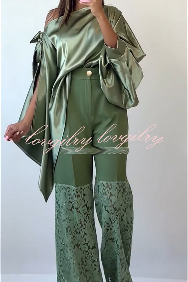 Chic Moment Satin Irregular Knot Slit Sleeve One Shoulder Loose Blouse