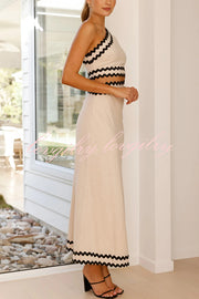 Wavy Lace Waist Cutout One Shoulder Sleeveless Maxi Dress