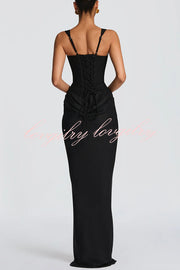 Larrah Square Neck Back Lace-up Satin Drape Hem Maxi Dress