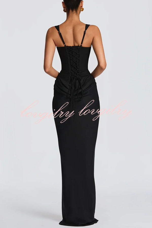 Larrah Square Neck Back Lace-up Satin Drape Hem Maxi Dress