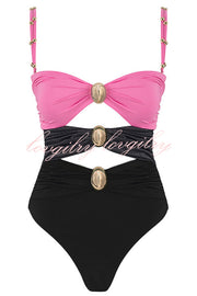 Color Block Patchwork Hollow Metal Decorative Stretch One-piece Swimsuit