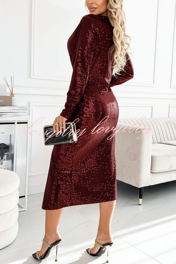 Coralia Sequin V-neck Long Sleeve Twist Waist Front Slit Midi Dress