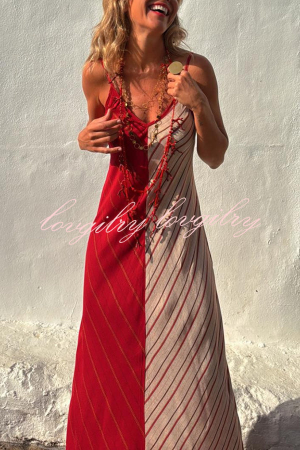 Fashionable Splicing V-neck Suspenders Loose Maxi Dress