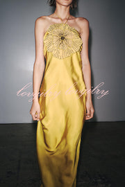 Fashionable Beaded Large Flower Decoration Halter Neck Backless Maxi Dress