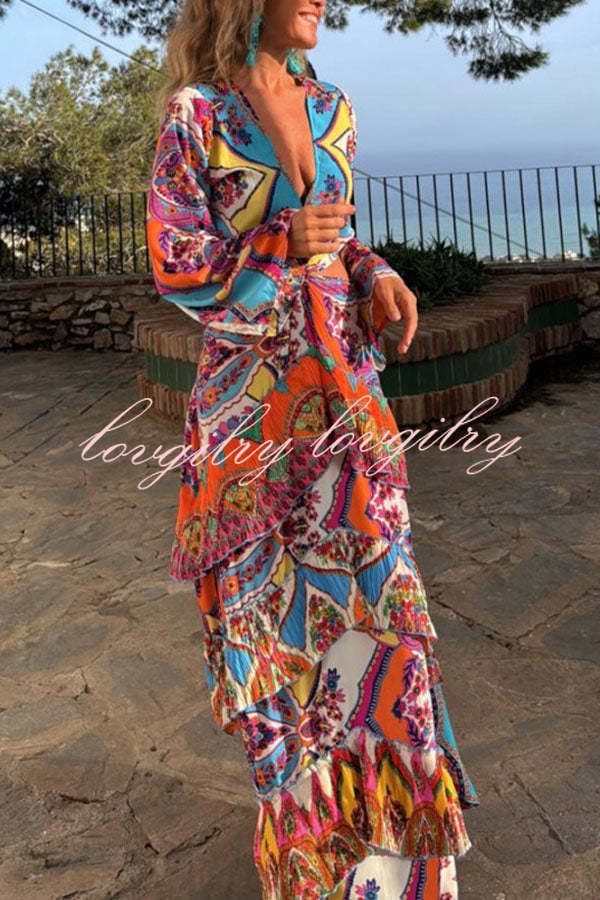 Colorful Day Unique Print Bell Sleeve Cutout Waist Layered Maxi Dress