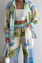 Holiday Style Print Loose Long Sleeve Shirt and Elastic Waist Loose Pocket Wide Leg Pants Set