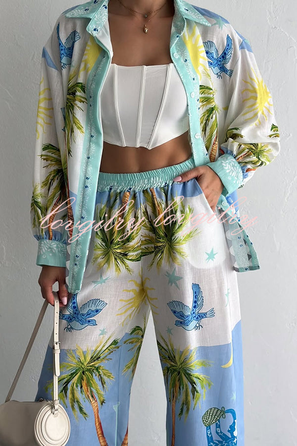 Holiday Style Print Loose Long Sleeve Shirt and Elastic Waist Loose Pocket Wide Leg Pants Set