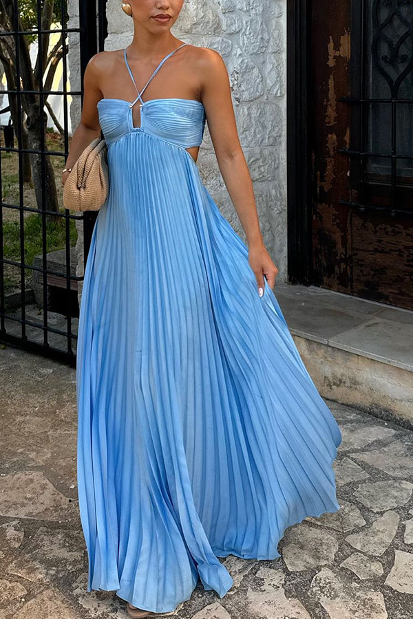 Caught Your Eye Satin Pleated Cross Straps Cutout Flowing Maxi Dress