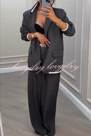 Fashion Sports Style Ribbed Colorblock Lapel Blazer and Elastic Waist Pocket Loose Pants Set