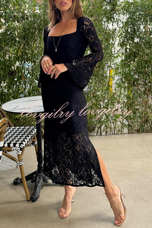 Luxe Lifestyle Lace Square Neck Bell Sleeve Lined Slit Midi Dress