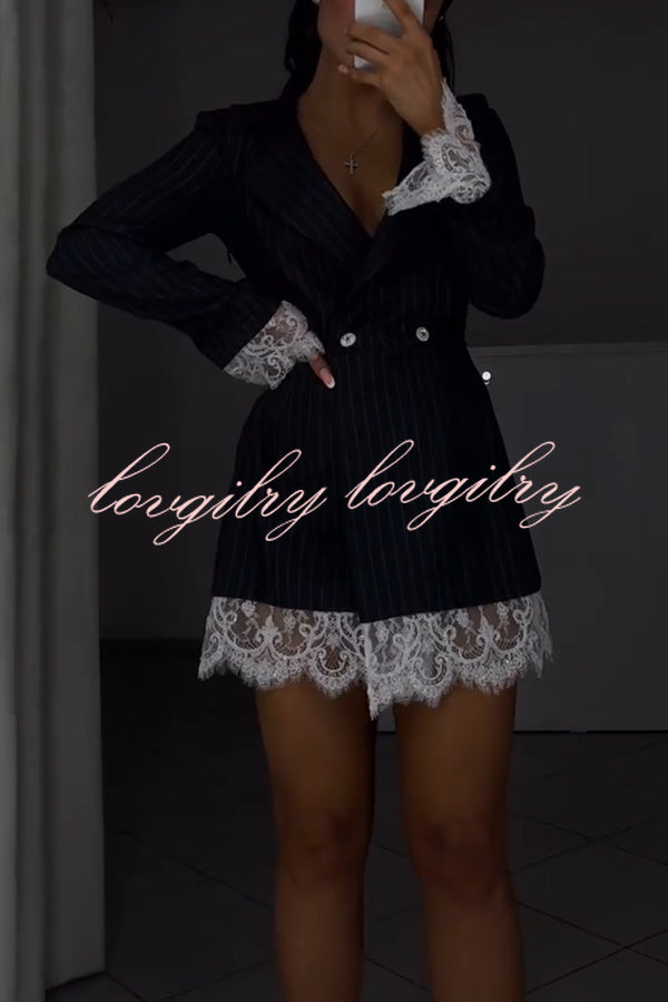 Merrin Striped Lace Trim Double-breasted Long Sleeve Lapel Blazer Mini Dress