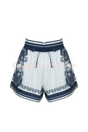 Jiya Linen Blend Unique Print Halter Scarf Tank and Elastic Waist Pocket Shorts Set